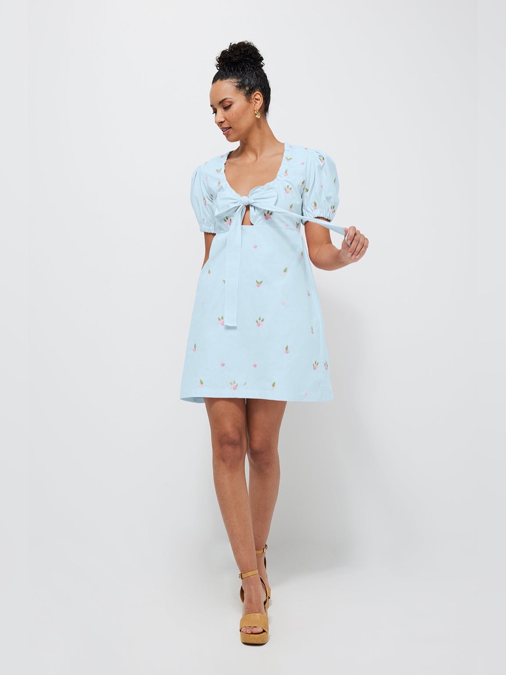 Fanm Mon Blue Embroidered Cotton Tie Front Babydoll Mini Dress XL NWT